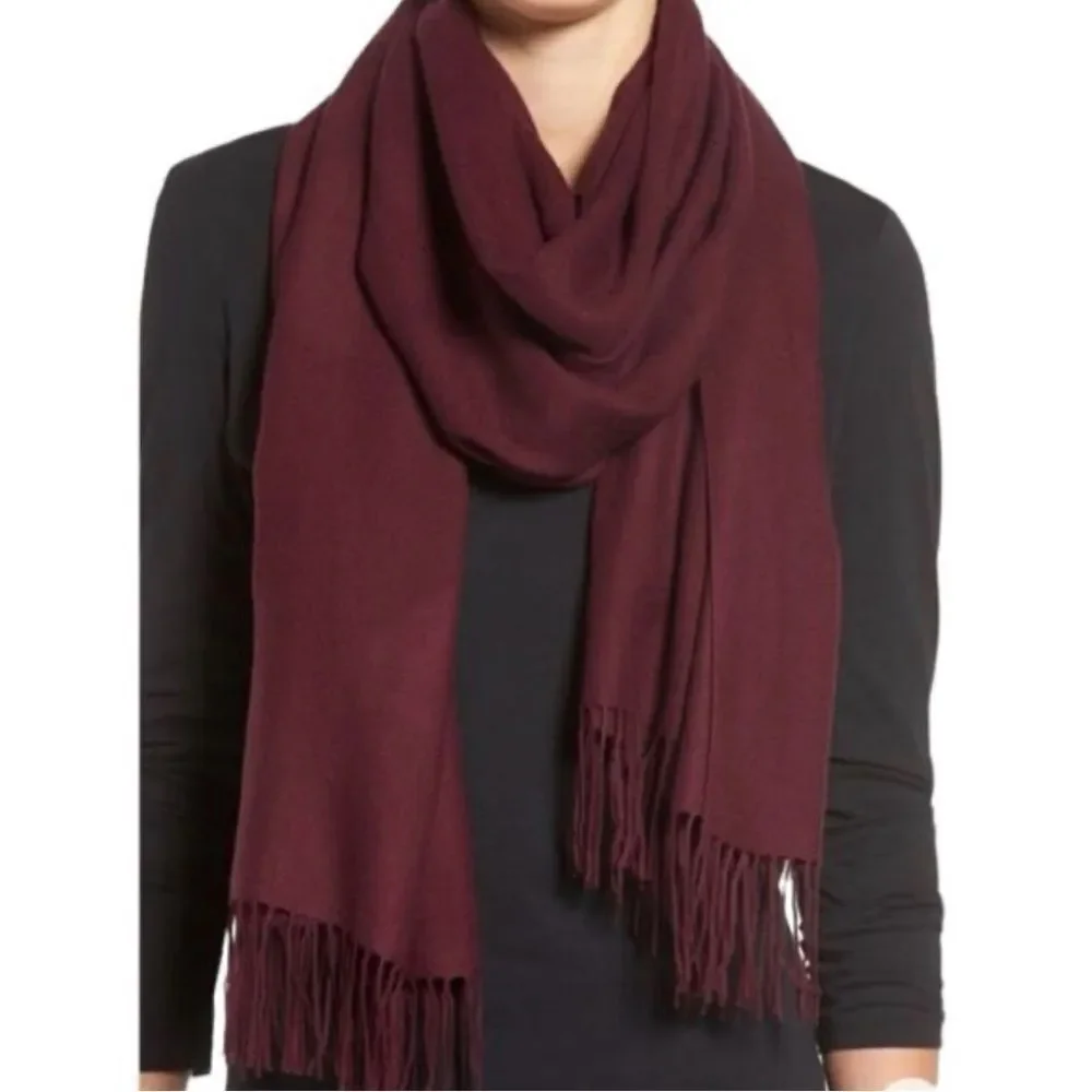 Nordstrom Wool and Cashmere Blend Fringe Scarf Burgundy NEW MSRP $99